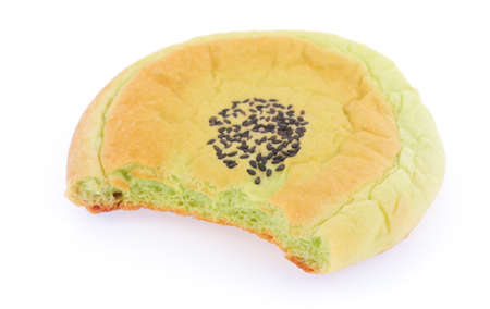 Bread pandan  sprinkled with sesame seeds isolated on white backgroundの写真素材