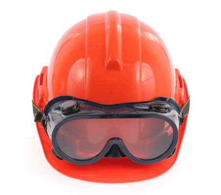 helmet and Safety glasses isolated on a white background.の写真素材