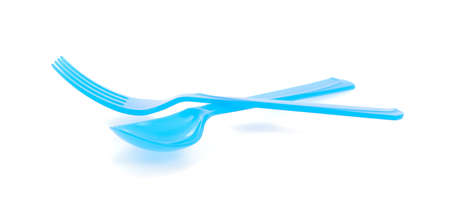 Blue plastic fork and spoons isolated on white backgroundの写真素材