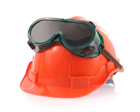 helmet and Safety glasses isolated on a white background.の写真素材