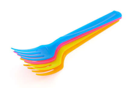 Plastic fork isolated on white backgroundの写真素材