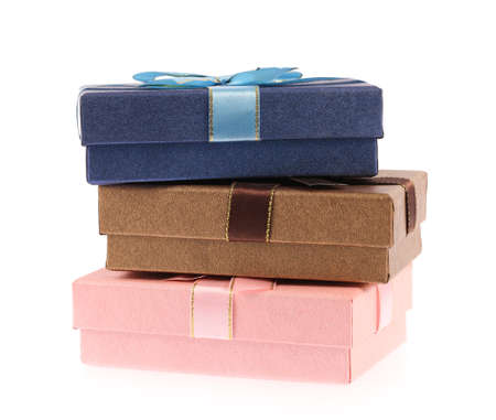 Three wrapped gifts isolated on white background