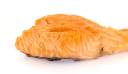 Grilled salmon fillet isolated on white backgroundの写真素材