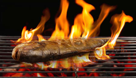 Grilled fish with flames on the grill