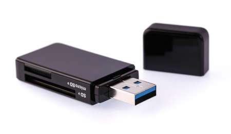 Black USB memory stick isolated on white background