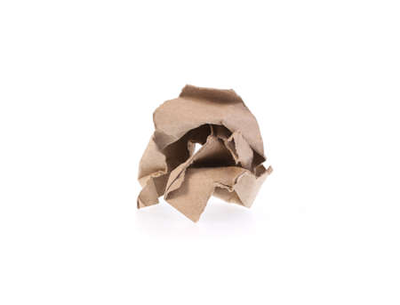 Recycle brown crumpled paper isolated on white backgroundの写真素材