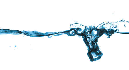 Ice cube is dropped into clear water isolated on white backgroundの写真素材