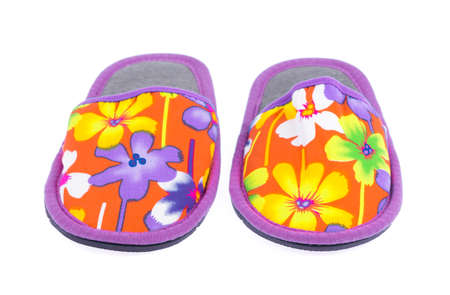 Purple House slippers isolated on white backgroundの写真素材