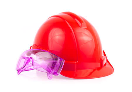 Helmet and Safety glasses isolated on white backgroundの写真素材