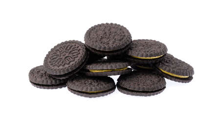 Chocolate cookie with cream isolated on white backgroundの写真素材