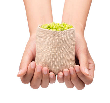 hand holding Textile-burlap sack of string bean isolated on white backgroundの写真素材