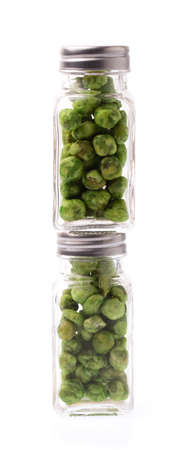 bottle of Green beans snacks isolated on white backgroundの写真素材