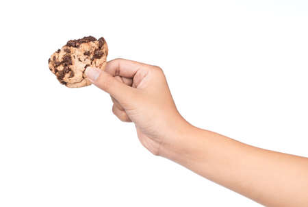 hand holding cookies Chocolate biscuits  isolated on white backgroundの写真素材