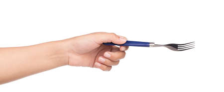 A fork being held by hands isolated on white backgroundの写真素材