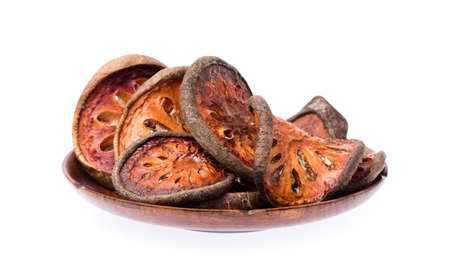 dish of quince slices isolated on a white backgroundの写真素材