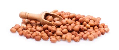 Wooden scoop peanuts isolated on white background