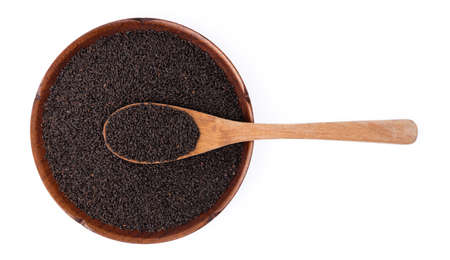 Lemon basil seeds in spoon isolated on the white backgroundの写真素材