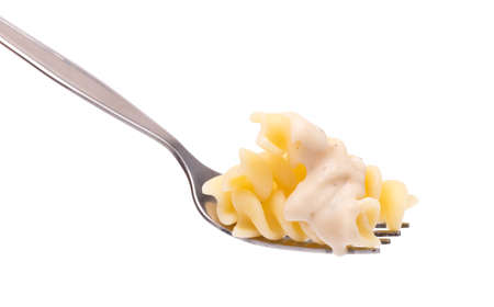 Pasta on fork isolated on white backgroundの写真素材