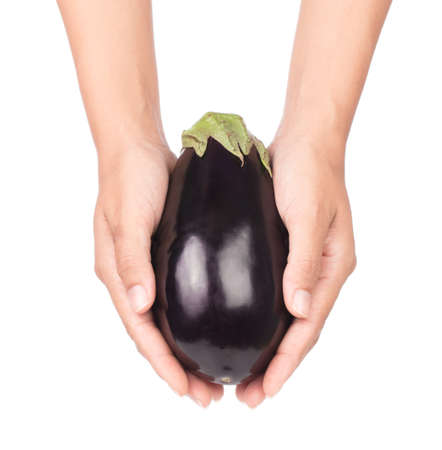 hand holding fresh eggplant isolated on white backgroundの写真素材