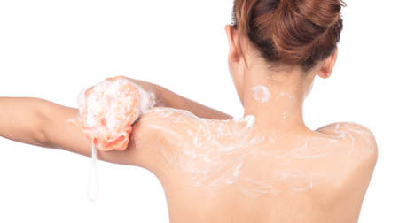 young woman taking shower isolated on white background