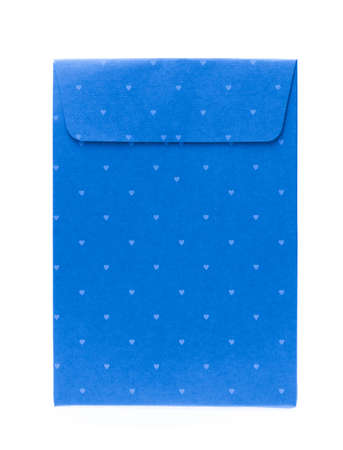 Blue gift paper bag with heart print isolated on white backgroundの写真素材