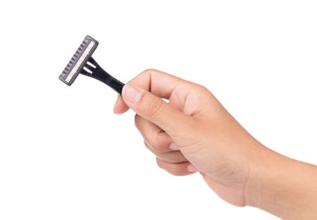 hand holding shaving razor isolated on white backgroundの写真素材