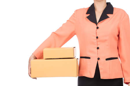 Portrait of woman service delivering package to customer isolated on white background