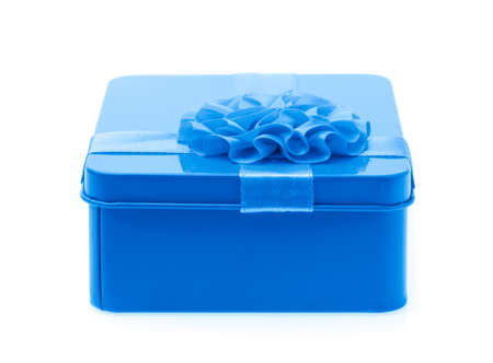 blue gift box isolated on white background. aluminium box for gift packing.の写真素材