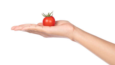 hand holding Fresh tomato isolated on white backgroundの写真素材