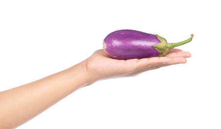 hand holding eggplant isolated on white backgroundの写真素材