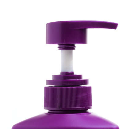 Purple of plastic bottle shampoo isolated on white backgroundの写真素材