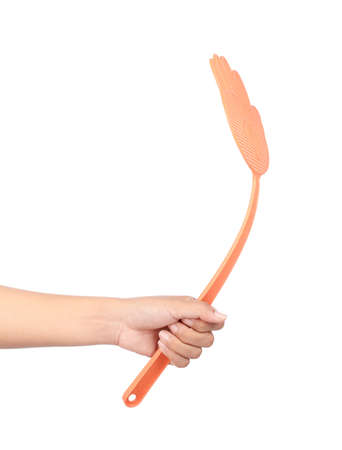 hand holding Flyswatter isolated on white backgroundの写真素材