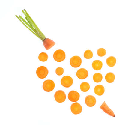 Fresh baby carrot and cut pieces isolated on white backgroundの写真素材