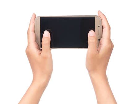 Touch screen mobile phone, in hand isolated on white backgroundの写真素材