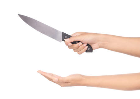 hand holding knife isolated on a white background