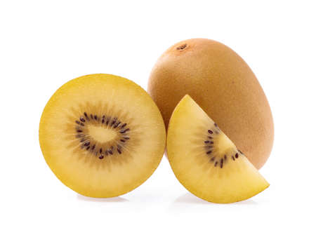 slice gold kiwi isolated on white backgroundの写真素材