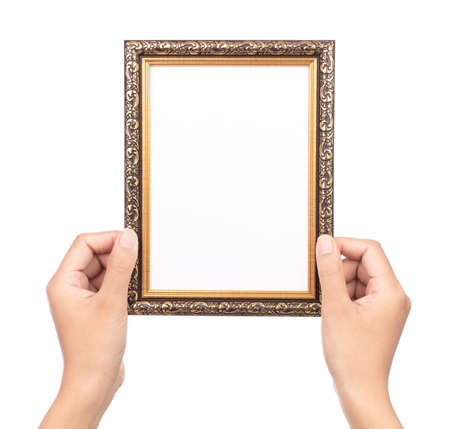 hand holding wood frame border design is patterned isolated on white background