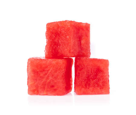 Watermelon fruit cube slice isolated on white backgroundの写真素材