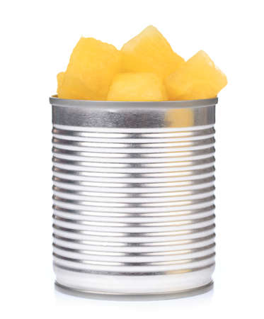 cubes of watermelon in aluminium can isolated on white backgroundの写真素材