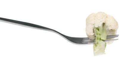 a fork with cauliflower isolated on white backgroundの写真素材
