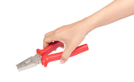 hand holding Red Iron pliers isolated on a white backgroundの写真素材