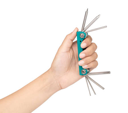 hand holding Multitool Screwdriver isolated on a white background