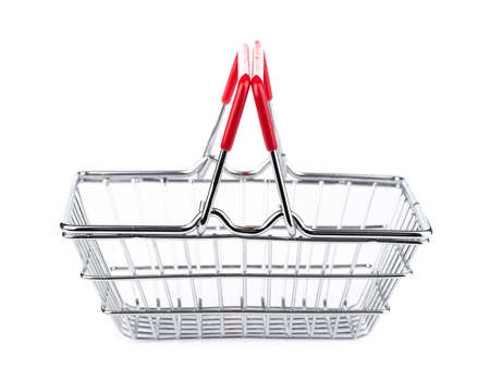 Chrome plated wire metal square empty shopping basket  isolated on white backgroundの写真素材
