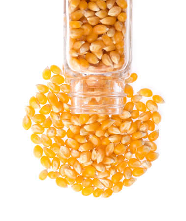 corn seeds pouring out of bottle isolated on white backgroundの写真素材