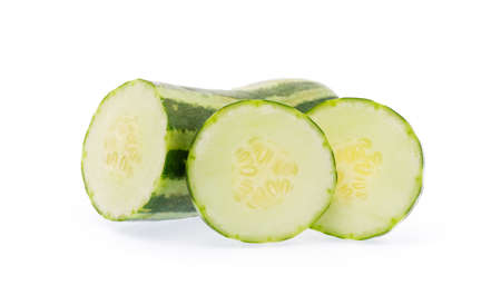 Slice of cucumber isolated on white backgroundの写真素材