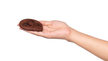 hand holding Chocolate Chip Cookies isolated on white backgroundの写真素材