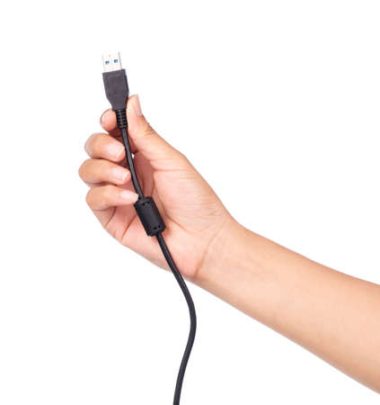 hand holding USB and USB3.0 Connector isolated on white backgroundの写真素材
