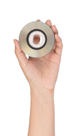 hand holding Mini DVD or CD Disc isolated on a white background.の写真素材