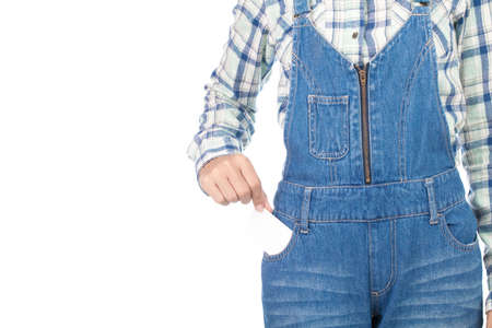 holding card in jeans pocket isolated on white background