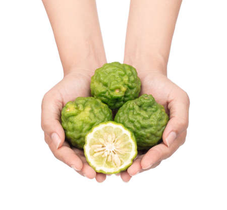 hand holding Bergamot fruit isolated on white backgroundの写真素材